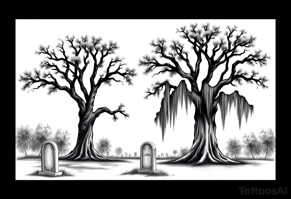 2 Oak trees with Spanish moss in a cemetery tattoo idea