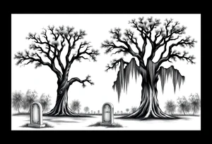 2 Oak trees with Spanish moss in a cemetery tattoo idea