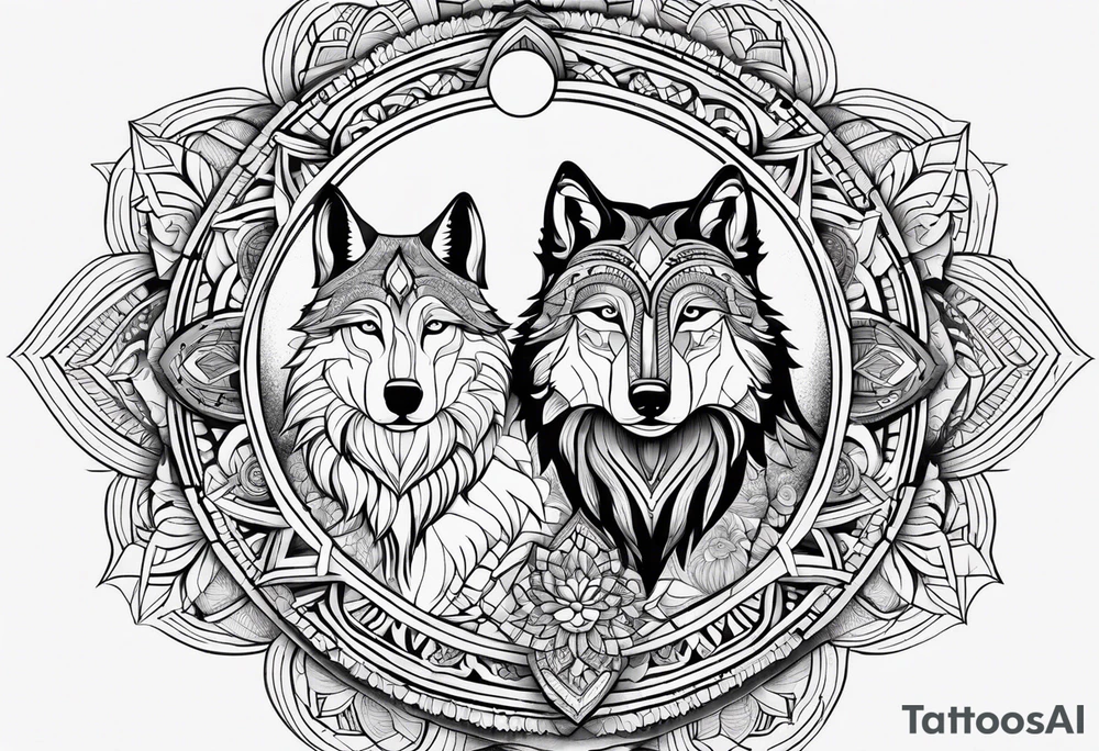 Mandala theme design with moon and wolves for forearms tattoo idea