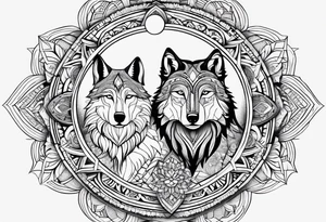Mandala theme design with moon and wolves for forearms tattoo idea