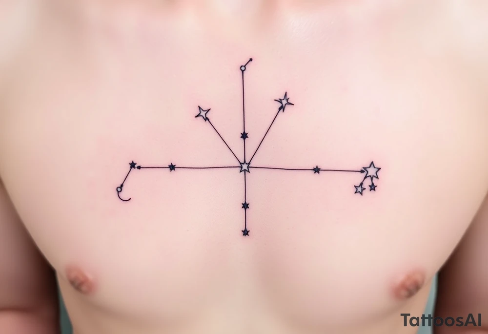 The tattoo idea is a personalized family constellation where each star represents a family member, showing how everyone is connected even across different branches. At the center, you (Sagittarius, Kaus Australis) and your older brother (Aries, Hamal) stand as the link between both sides. On the left, your dad (Capricorn, Deneb Algedi) and your half-brother on his side (Scorpio, Antares) form a shape like an arrow pointing toward the center, symbolizing strength and direction. On the right, your mom (Libra, Zubenelgenubi), your half-brother (Gemini, Castor), and your half-sister (Cancer, Tarf) create a balance-like shape representing harmony and protection. Thin lines connect the stars to form a single constellation, with you and your older brother as the central stars joining both worlds. The design could include just the stars, their names, zodiac symbols, or coordinates in a fine-line, black-ink style, expressing balance, connection, and the eternal bond uniting every member of your family. tattoo idea