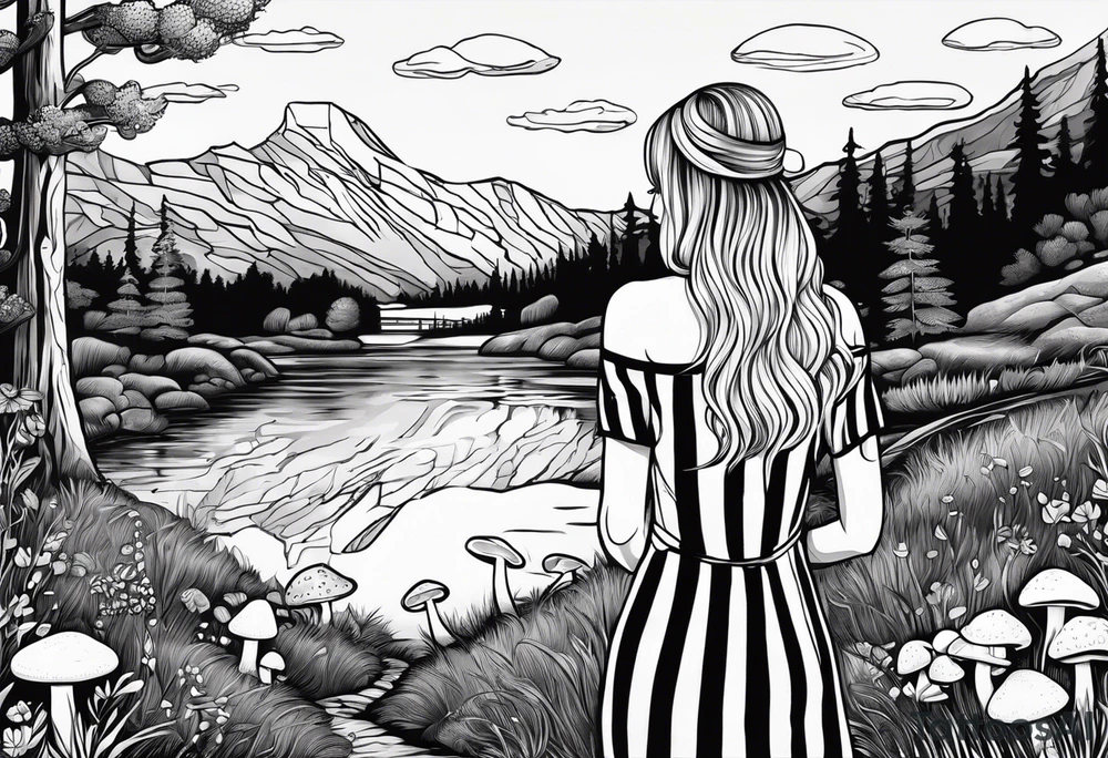 Straight long blonde hair hippie girl in distance holding mushrooms in hand facing away toward mountains and creek surrounded by mushrooms black and white striped dress tattoo idea