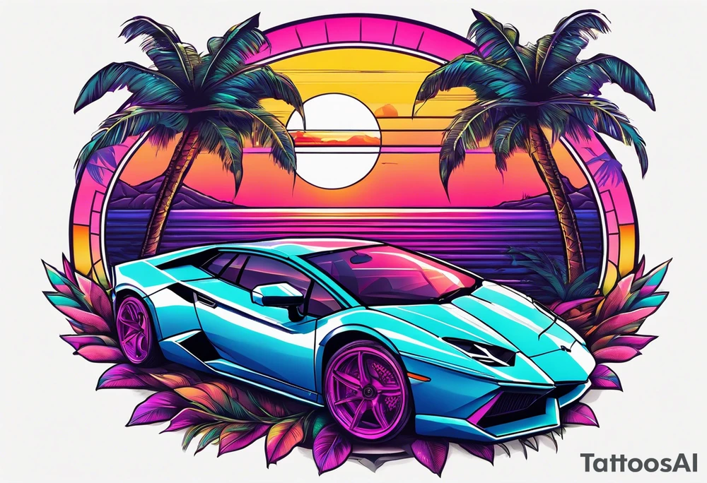 Synthwave tattoo with palm trees and an old lamborghini driving in front of the sun tattoo idea