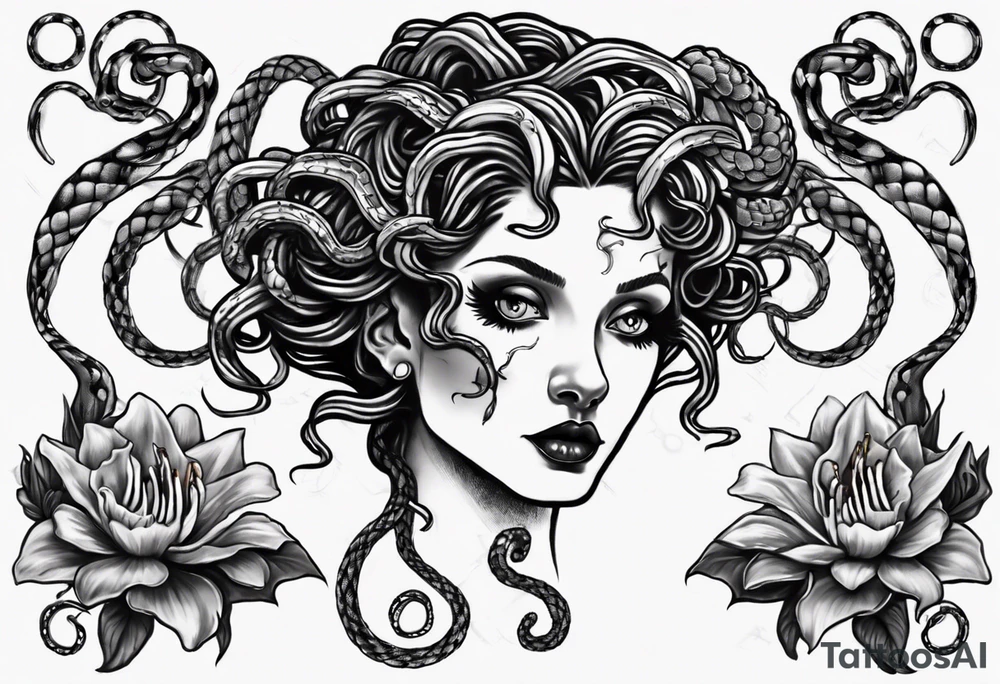 Dark/goth Medusa with white pupils and snake hair. Lilies tattoo idea