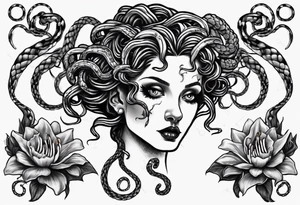 Dark/goth Medusa with white pupils and snake hair. Lilies tattoo idea