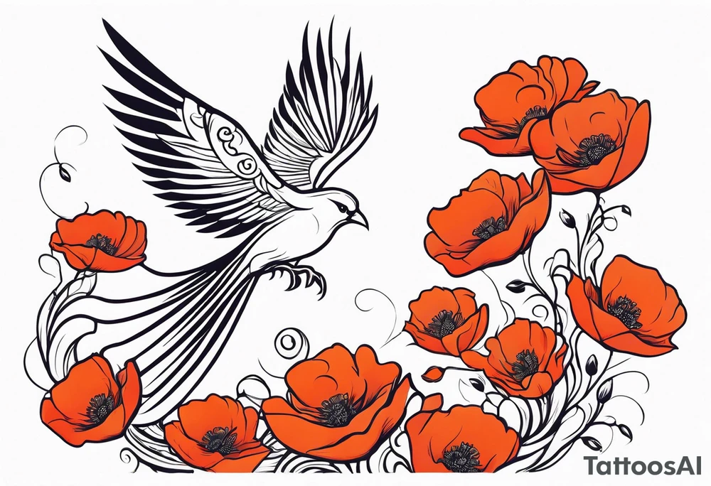 elongated phoenix in flight
in profile long tail with claws holding poppies falling tattoo idea