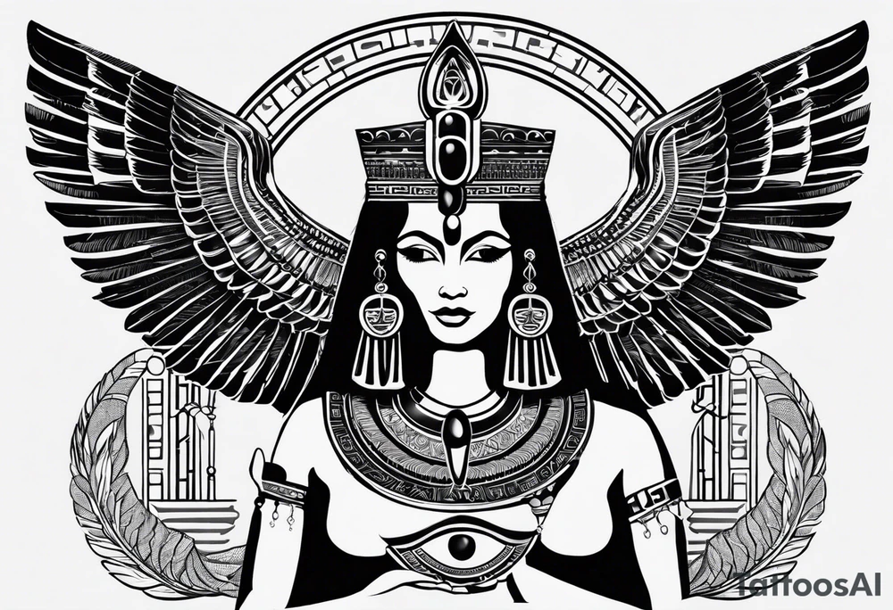 black and white Egyptian goddess Isis, who is often depicted as a woman with outstretched wings, holding an ankh (a symbol of life) in one hand and a lotus flower in the other. Her headdress often includes a throne or a solar disk. The tattoo design can vary in style and size, but it typically aims to capture the essence of this revered Egyptian deity, emphasizing her beauty, power, and maternal qualities. The choice of colors and additional elements can also be customized to create a unique and visually striking representation of the goddess Isis tattoo idea