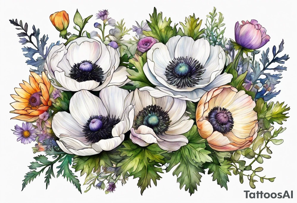one white anemone with black center in the middle of equal sized mixed colorful wildflowers all with different shapes including thistles, ferns, ranuculus, and sun flowers all in watercolor tattoo idea