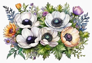 one white anemone with black center in the middle of equal sized mixed colorful wildflowers all with different shapes including thistles, ferns, ranuculus, and sun flowers all in watercolor tattoo idea