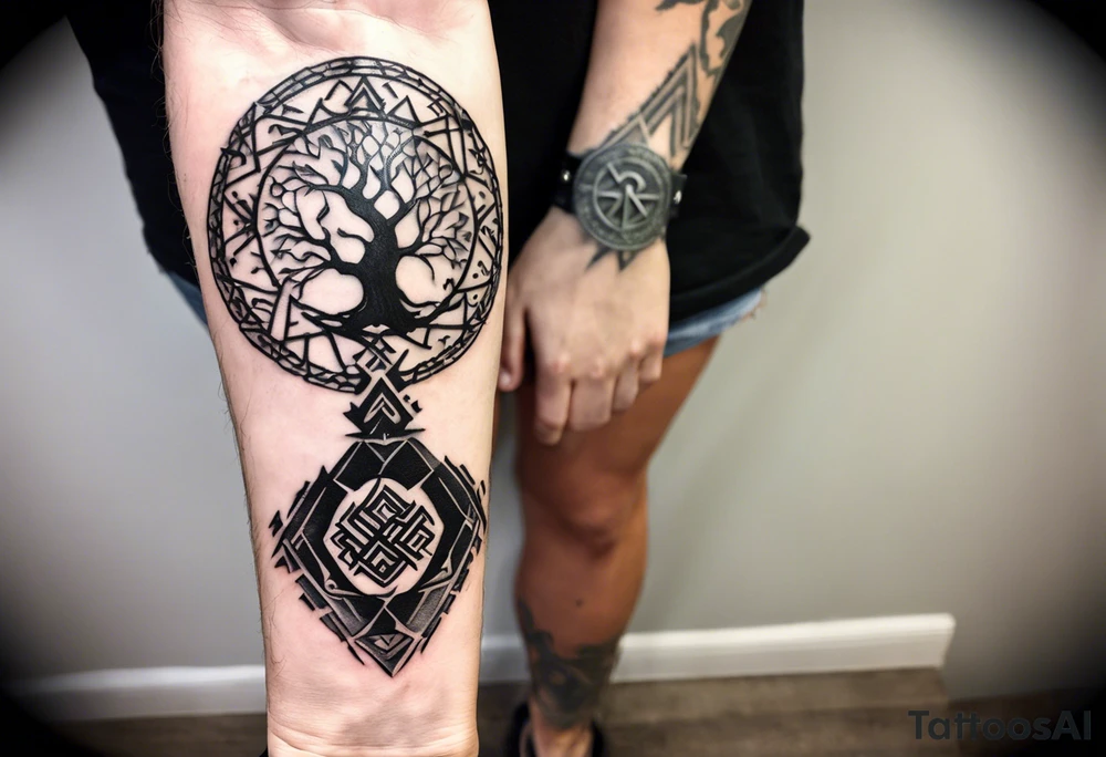 Yggdrasil: In the center of the forearm, representing the connection between the nine worlds.
Vegvisir: Integrated alongside Yggdrasil, symbolizing direction and protection.
Valknut: Placed near Yggdrasil, symbolizing the connection with Odin.
A chain filled of the following runes surrounding the forearm and previous tatto:
Uruz (ᚢ) The Uruz
Raido (ᚱ) The Raido
Gebo (ᚷ) The World
Perthro (ᛈ)
Elhaz (ᛉ) The Great One
Laguz (ᛚ) The Laguz
Odin’s Ravens: Located near Yggdrasil, representing wisdom.
Nine Worlds: Subtly integrated into the design of Yggdrasil. tattoo idea