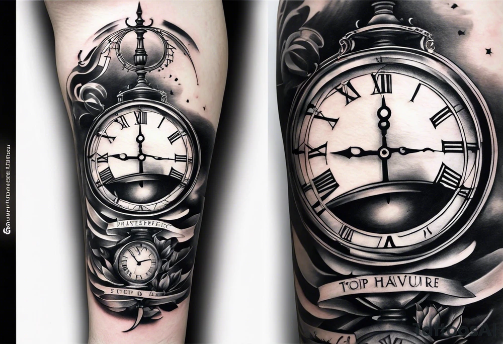 Draw me a tattoo located on the shoulder and upper arm of a man. The tattoo represents a clock in an hourglass with Roman numerals in the background. It is a symbol of the passing of time. tattoo idea