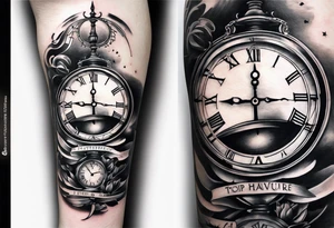 Draw me a tattoo located on the shoulder and upper arm of a man. The tattoo represents a clock in an hourglass with Roman numerals in the background. It is a symbol of the passing of time. tattoo idea
