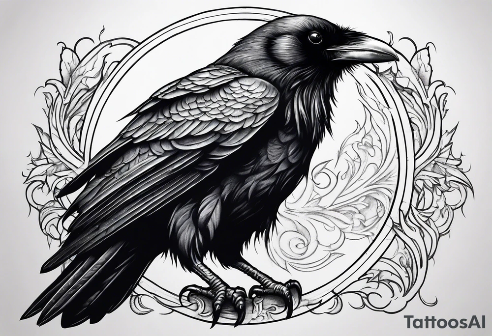 a scary black raven facing left tattoo idea