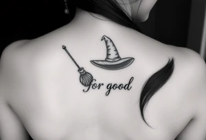 Wicked Broadway theme with a wand, broom, witch hat. Then the lettering “for good” tattoo idea