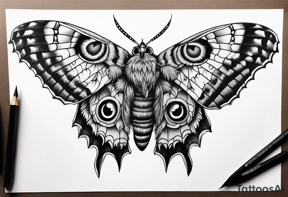 Dead head moth with long wings and owl eyes tattoo idea