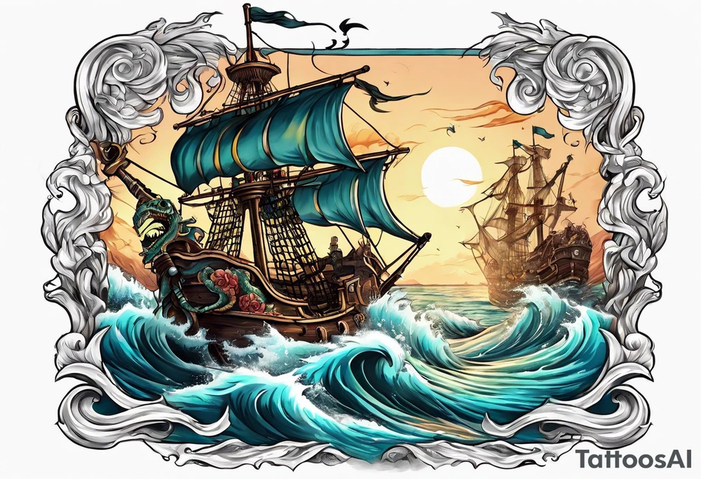 skeleton pirates fighting a sea serpent tattoo idea