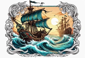 skeleton pirates fighting a sea serpent tattoo idea