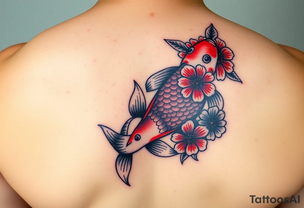 Une carpe koi avec des fleurs en couleur sur le bras tattoo idea