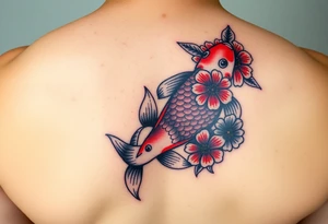 Une carpe koi avec des fleurs en couleur sur le bras tattoo idea