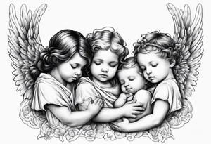 angels praying together. Three boy angels  and three girl angel, with their wings gently enfolding a baby angel in a protective embrace tattoo idea