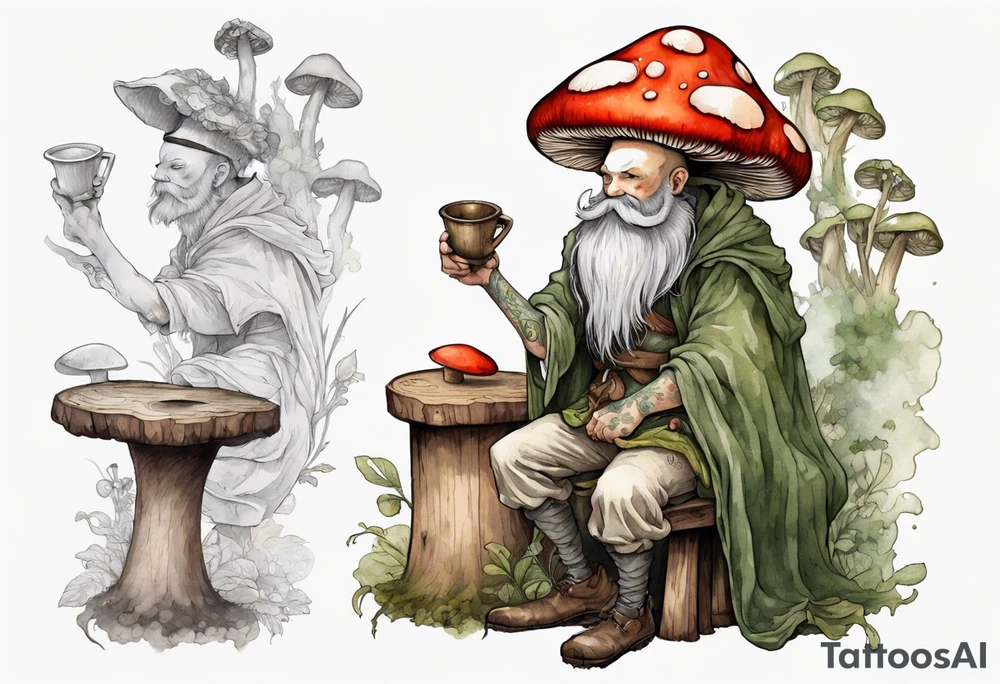 a mushroom with a mossy beard wearing medieval clothes sitting on a stool drinking from a wood cup tattoo idea