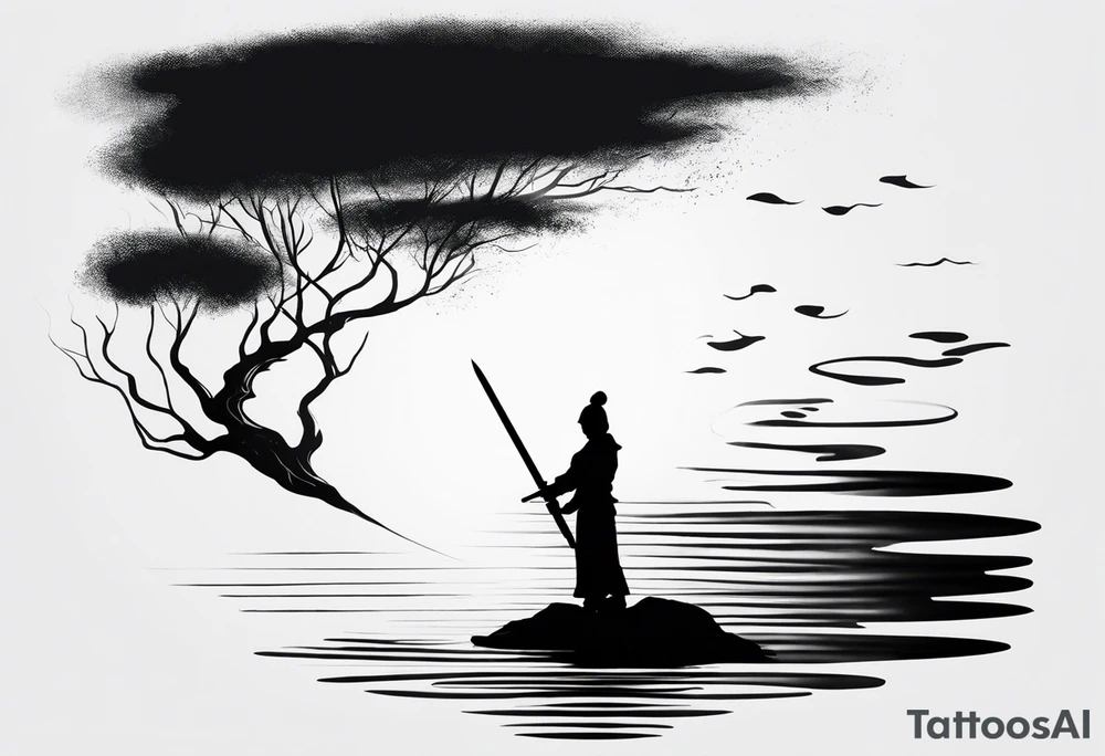 a sword with the idea of tranquility. THat has ripples resembling a pond. Brush strokes surrounding it. tattoo idea