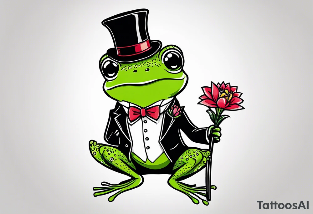 Cute Frog smiling wearing top hat and a suit standing on its Back legs while holding flowers tattoo idea