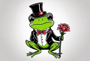 Cute Frog smiling wearing top hat and a suit standing on its Back legs while holding flowers tattoo idea