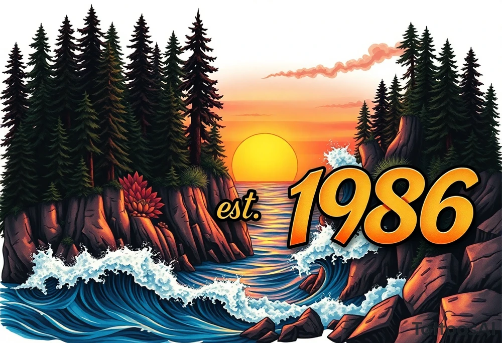 Collage of Redwood forest cliff huge trees campfire smoke and sunset meeting ocean  with huge waves crashing on the rocky shoreline with the words "est.1986" in graffiti like old English custom letters tattoo idea