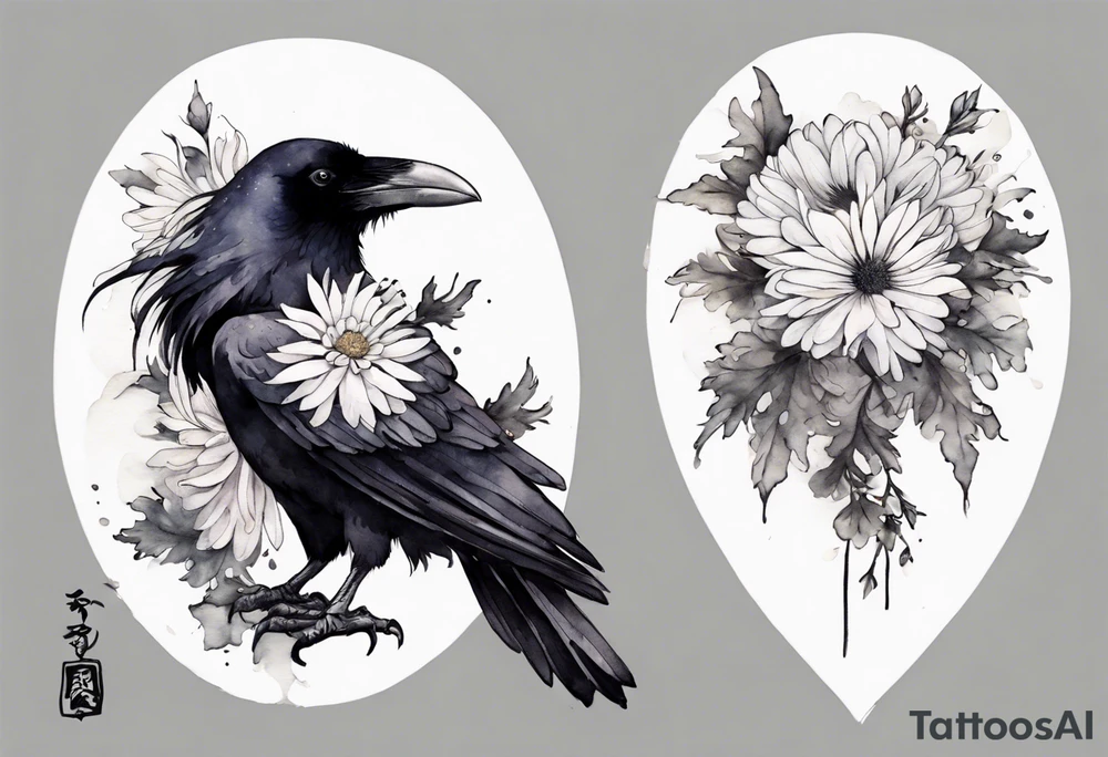 a raven wearing a white chrysanthemum on her head tattoo idea