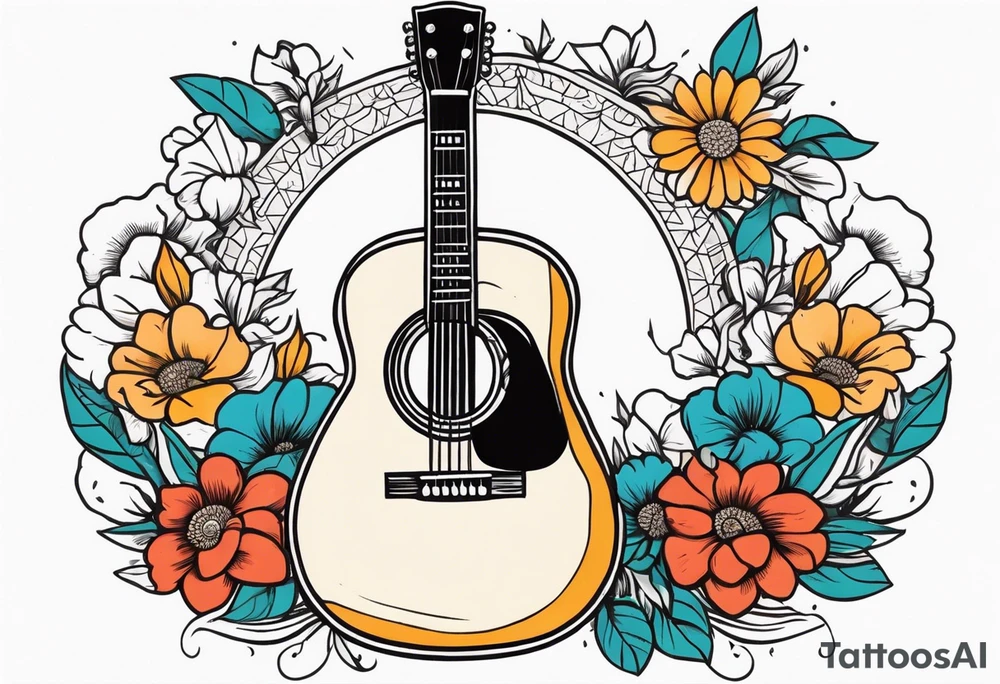 old school traditional vintage style design of guitar with flowers surrounding it tattoo idea