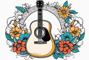 old school traditional vintage style design of guitar with flowers surrounding it tattoo idea