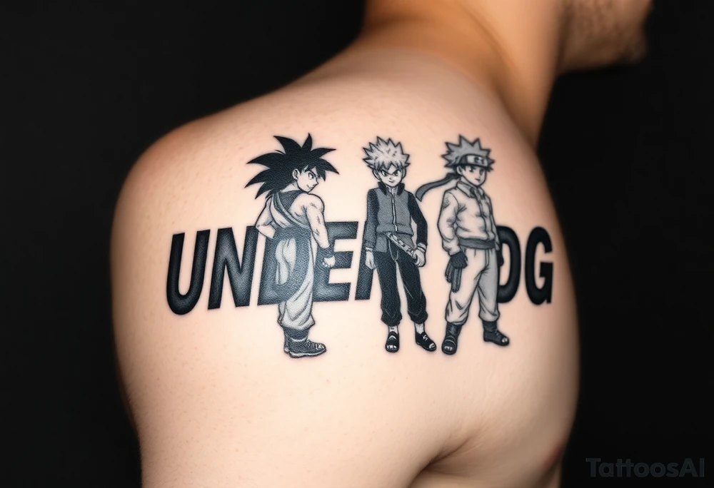 the word underdog in a with 3 anime characters Goku ippo and Naruto one standing in the middle one standing on the right and one standing on the left
 on a shoulder tattoo idea