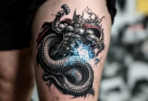 A colossal Thor battling the Midgard Serpent, Jörmungandr, with Mjölnir glowing in his hand, in high-contrast black and grey with electric blue. tattoo idea