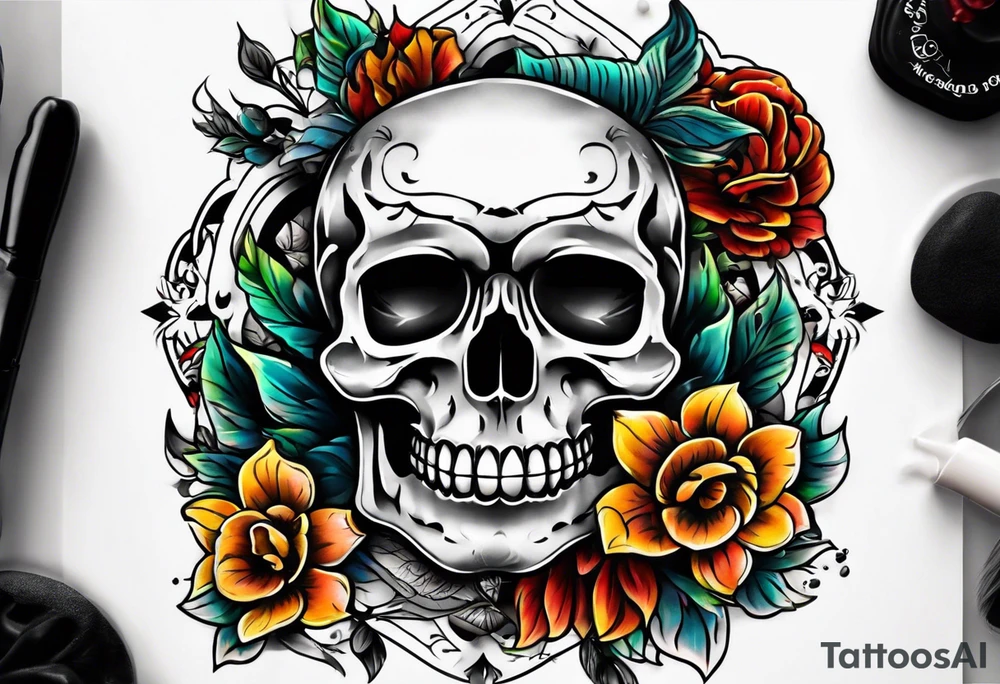 Old school center Knee tattoo with skulls, flower shapes and fall colors tattoo idea