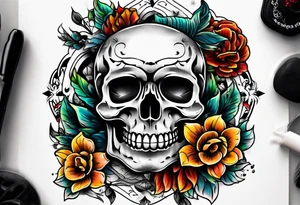 Old school center Knee tattoo with skulls, flower shapes and fall colors tattoo idea