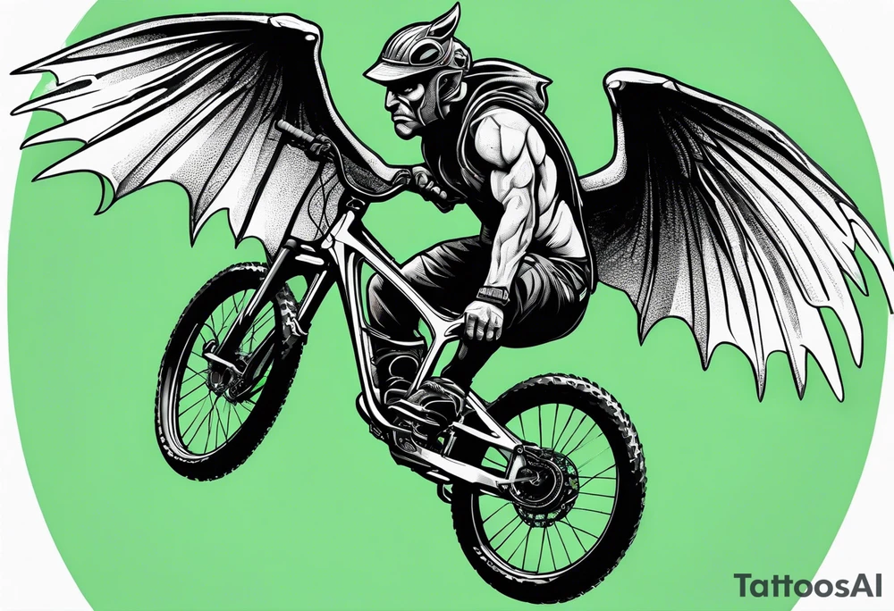 gargoyle riding a full suspension green mountain bike with a shadow no background with wings tattoo idea