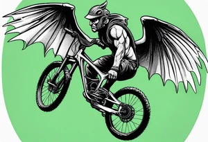 gargoyle riding a full suspension green mountain bike with a shadow no background with wings tattoo idea