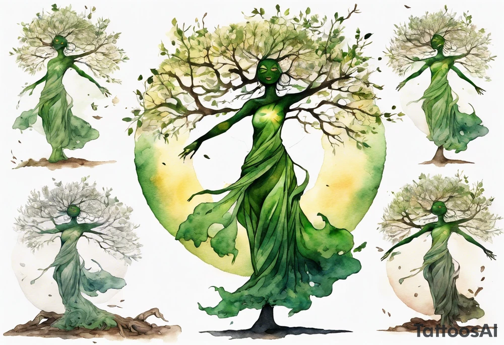 A tree woman with green eyes with branch arms reaching up towards the sun and feet planted in the soil tattoo idea