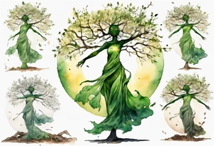 A tree woman with green eyes with branch arms reaching up towards the sun and feet planted in the soil tattoo idea