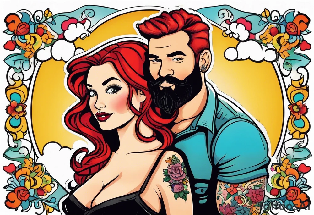 Busty Red haired woman with black haired bearded man tattoo idea