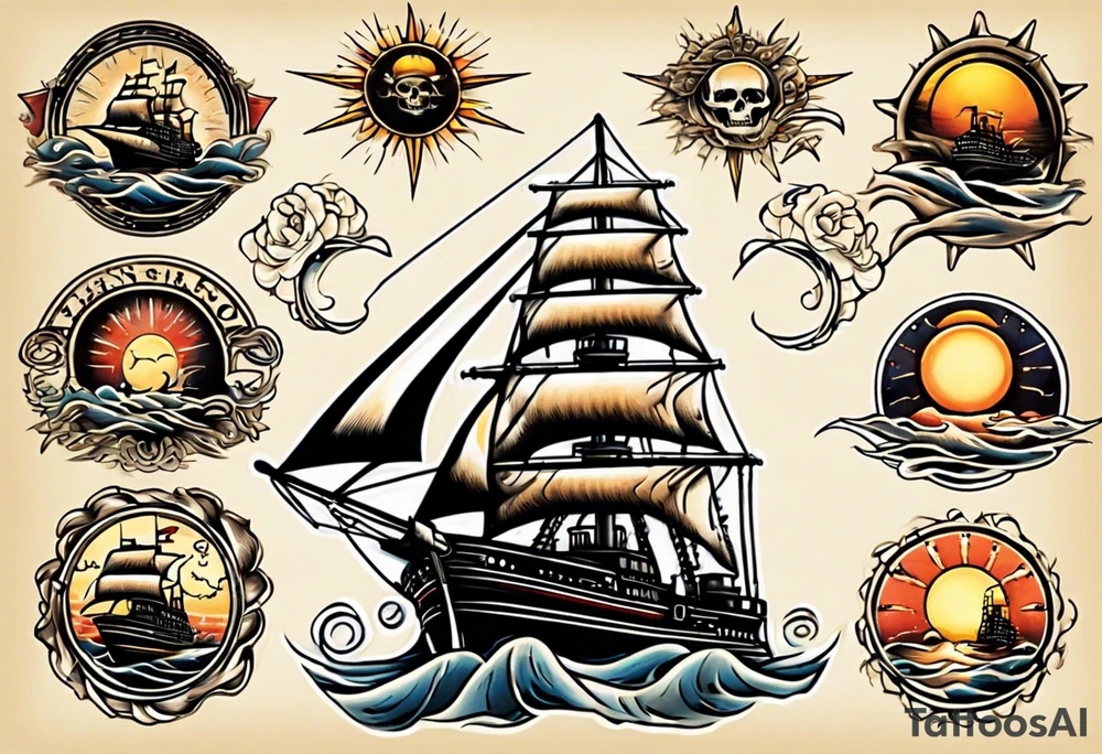 steam boat sailing out of the sun tattoo idea