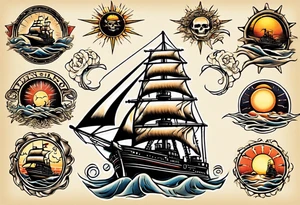 steam boat sailing out of the sun tattoo idea