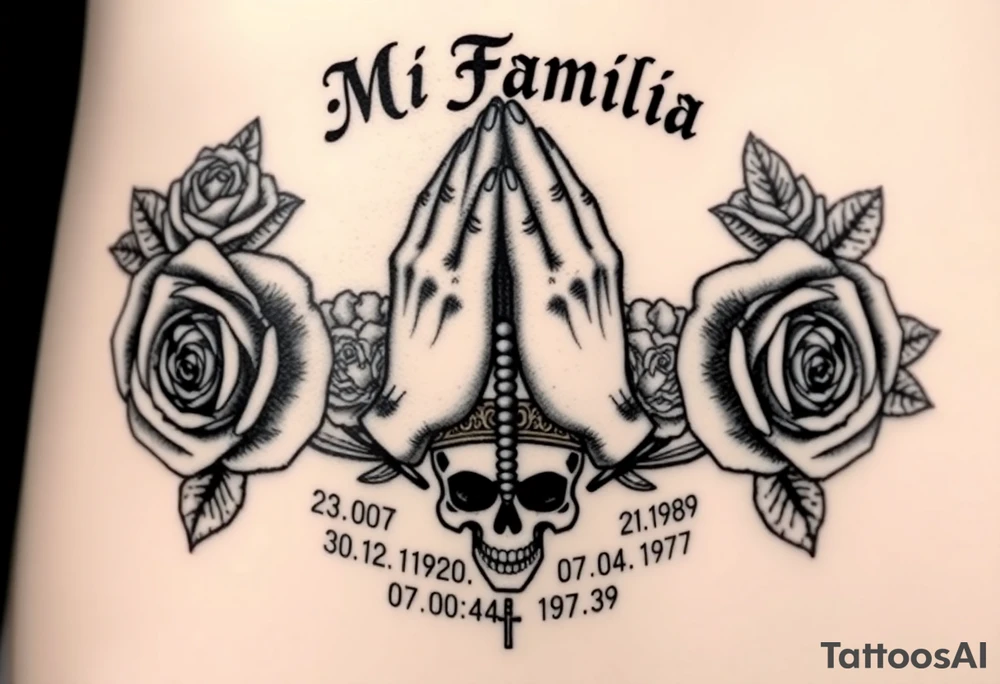 Black and grey gang style tattoo design. Centered praying hands with a rosary, surrounded by three realistic roses. Above the hands, gothic text saying 'Mi Familia'. Below each rose, a date in this order: '23.06.1980', '30.12.1946', '07.04.1979'. Add a crowned skull subtly in the background, symbolizing loyalty after death. Chicano tattoo style, fine shading, no color tattoo idea