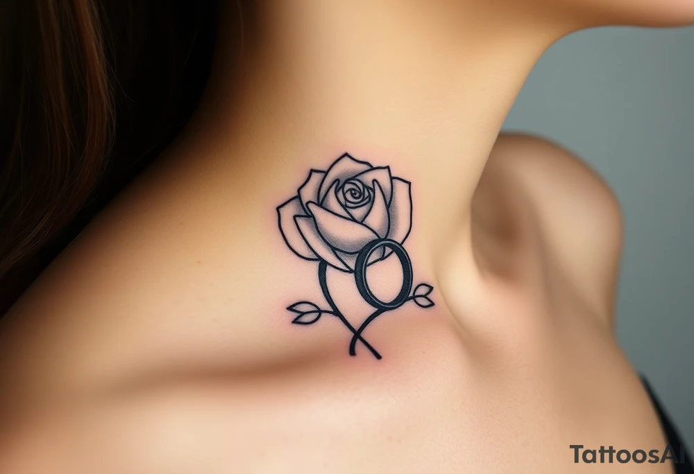 A minimalist blooming rose wrapped around a two wedding rings, with dewdrops reflecting light tattoo idea