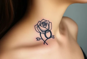 A minimalist blooming rose wrapped around a two wedding rings, with dewdrops reflecting light tattoo idea