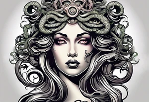 Medusa head with a mysterious expression, capturing both her allure and danger. Blend dream-like qualities with the striking figure of Medusa. tattoo idea