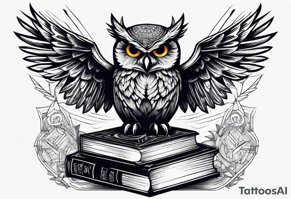 agressive owl on top of human skull, open wings, skull stands on books owl on the skull tattoo idea