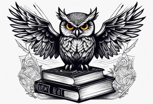 agressive owl on top of human skull, open wings, skull stands on books owl on the skull tattoo idea