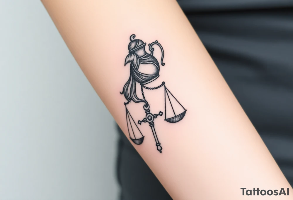 I want a tattoo that combines the Aquarius water bearer and the Libra scales. The water should flow elegantly from the jug, merging into or balancing the scales below. tattoo idea